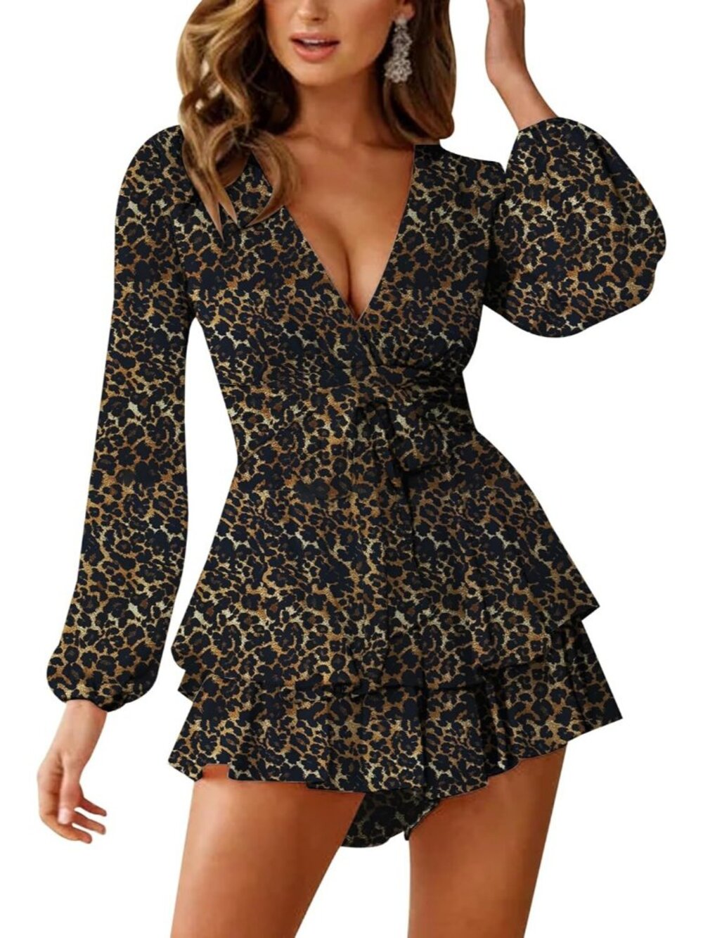 Women's Brown Leapord Floral Print V Neck Long Sleeve Double Layer Ruffle Romper - Picture 4 of 6